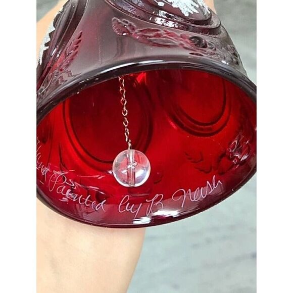 Vintage Fenton Ruby Red Amberina Handle, Bell, Christmas, Holly | Signed B.Nash - Picture 4 of 5